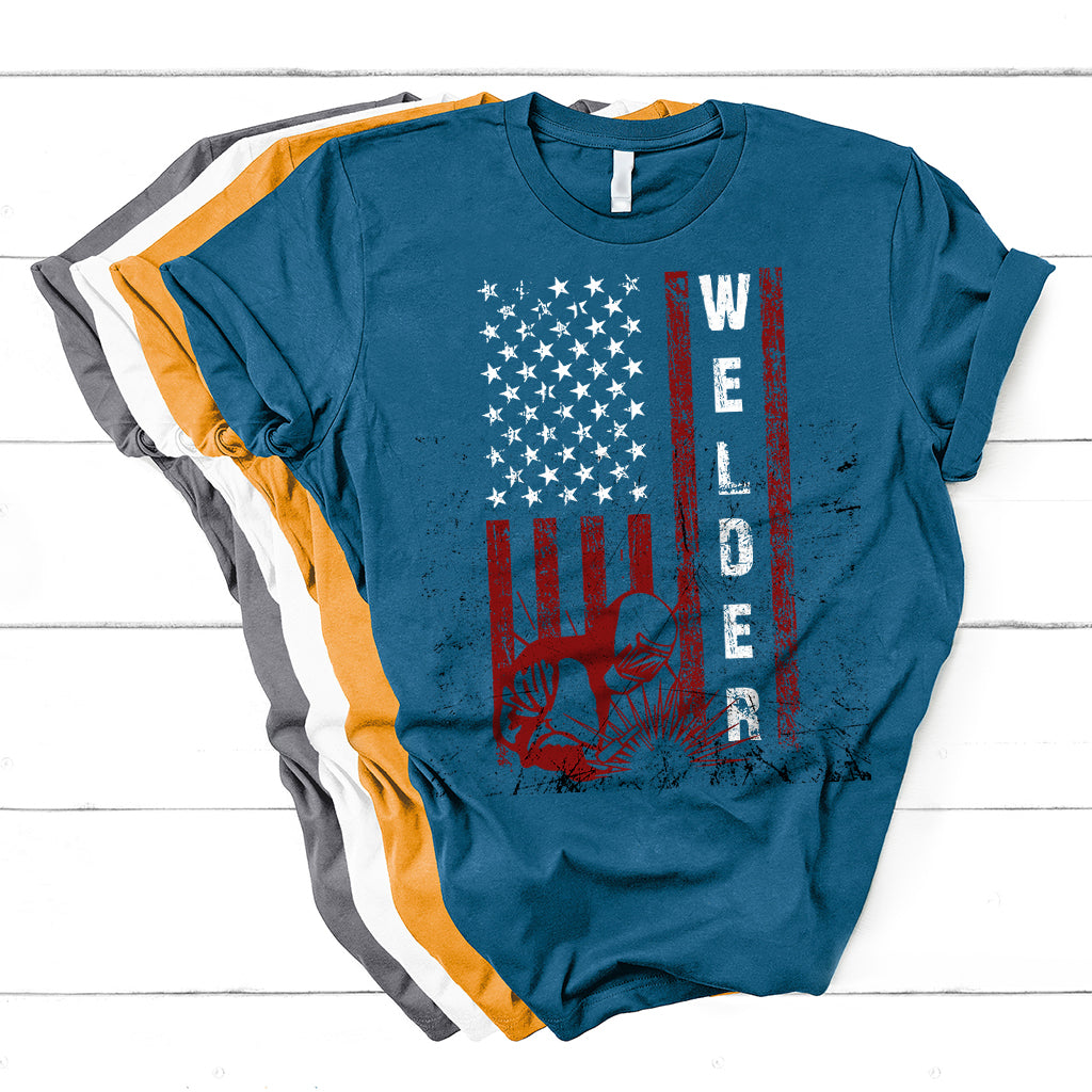 Teal patriotic welding T-shirt with American flag WELDER print and welding hand/helmet
