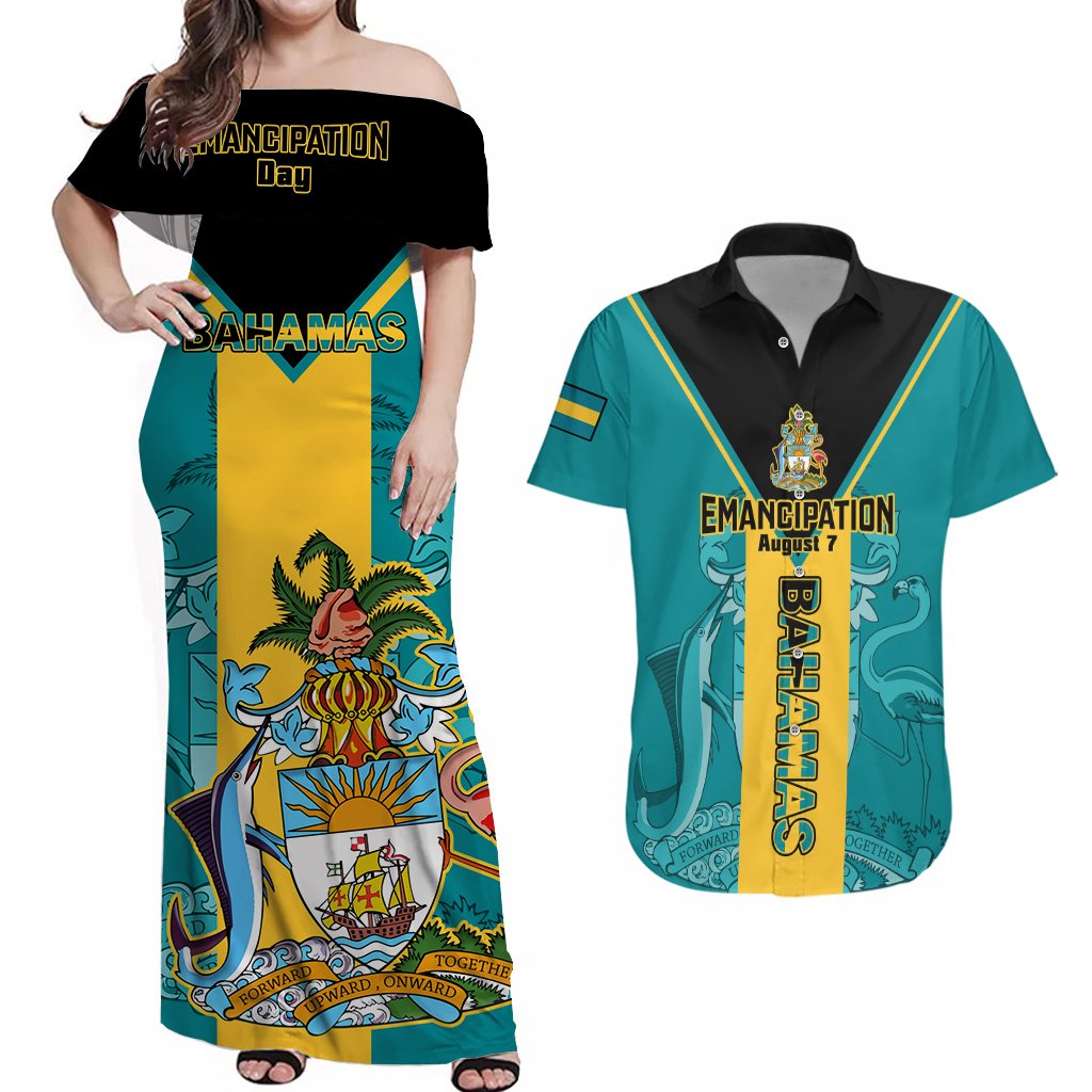 Matching couple set: teal off-shoulder maxi dress and teal Hawaiian shirt with crest print