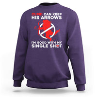 Purple crewneck sweatshirt with Cupid arrow graphic and 'single shot' slogan on chest