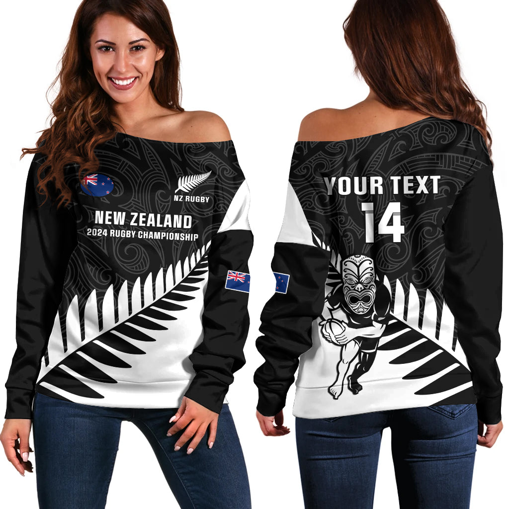 Personalised New Zealand Silver Fern Rugby Off Shoulder Sweater All Black 2024 Go Champions Maori Pattern - Wonder Print Shop