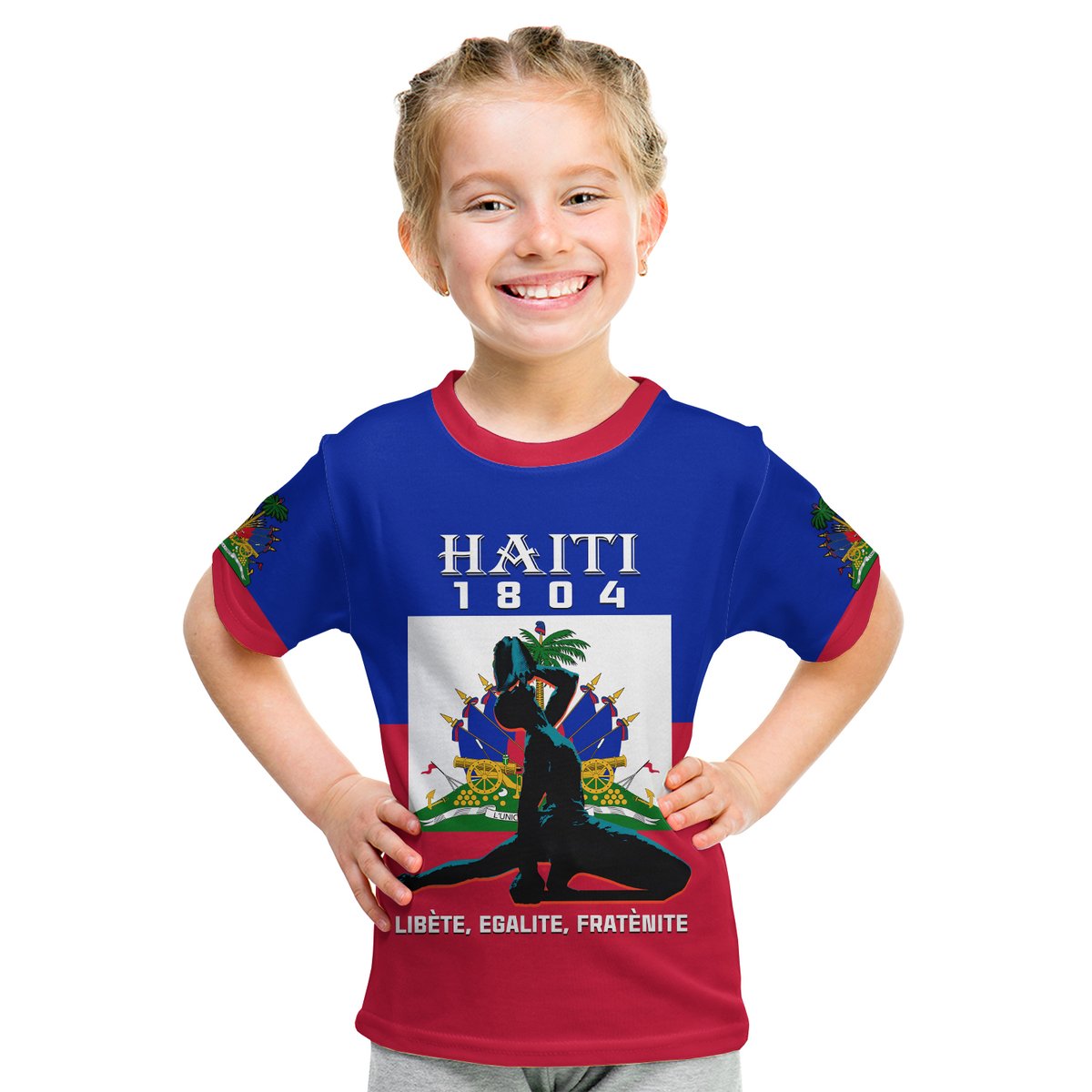 Kids' blue T-shirt with red trim, front Haitian flag graphic and 'HAITI 1804' print