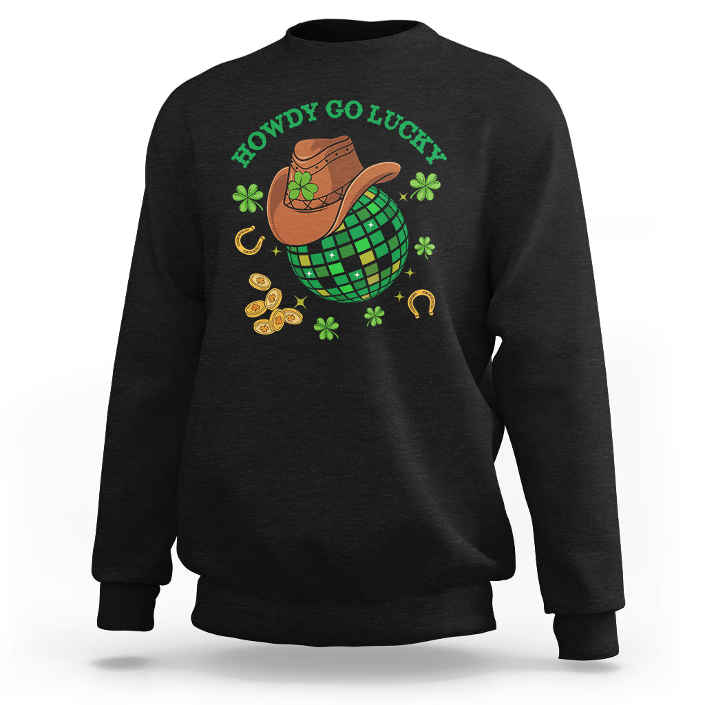 Black crewneck sweatshirt with front graphic of cowboy hat, shamrocks, and Lucky text