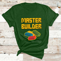 Forest green T-shirt with “Master Builder” graphic and colorful block pieces