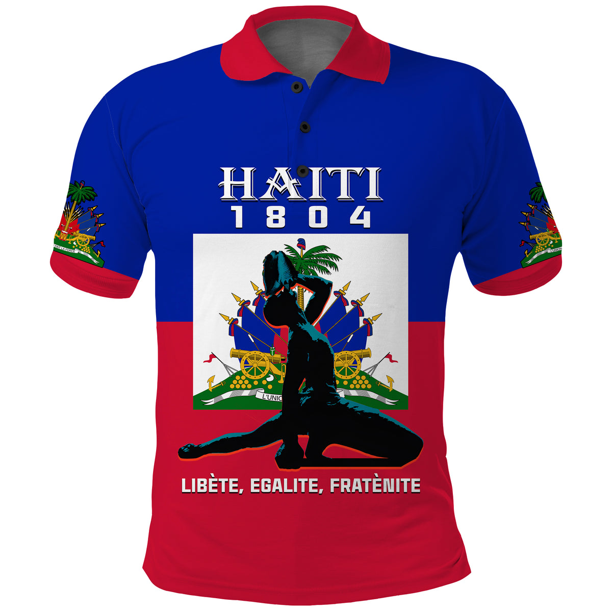 Blue polo shirt with red collar, Haiti 1804 front graphic and Haitian flag print
