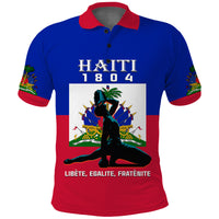 Blue polo shirt with red collar, Haiti 1804 front graphic and Haitian flag print
