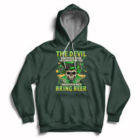 Forest green hoodie with skull and beer graphic, green and yellow text print