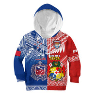 Kids rugby hoodie with blue hood, red/blue Polynesian pattern front graphic