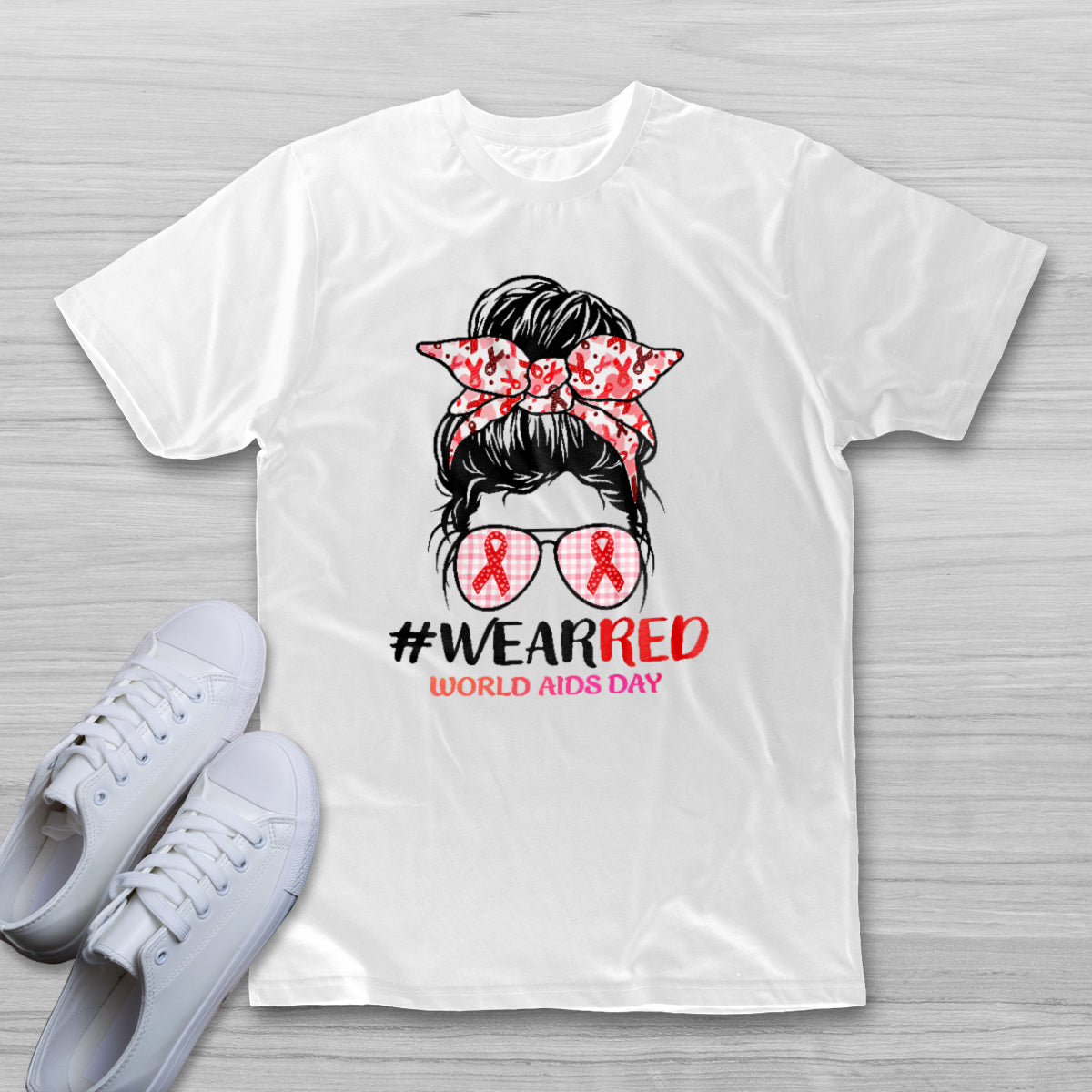 #Wearred World AIDS Day Messy Bun Red Ribbon, Awareness T Shirt - Wonder Print Shop