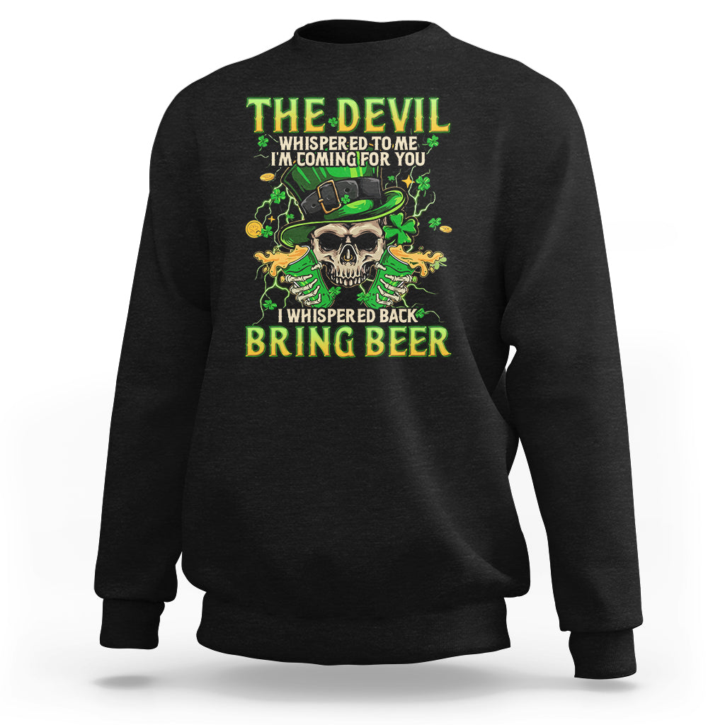 Black crewneck sweatshirt with green devil skull graphic and “Bring Beer” text