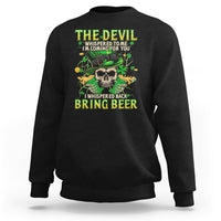 Black crewneck sweatshirt with green devil skull graphic and “Bring Beer” text