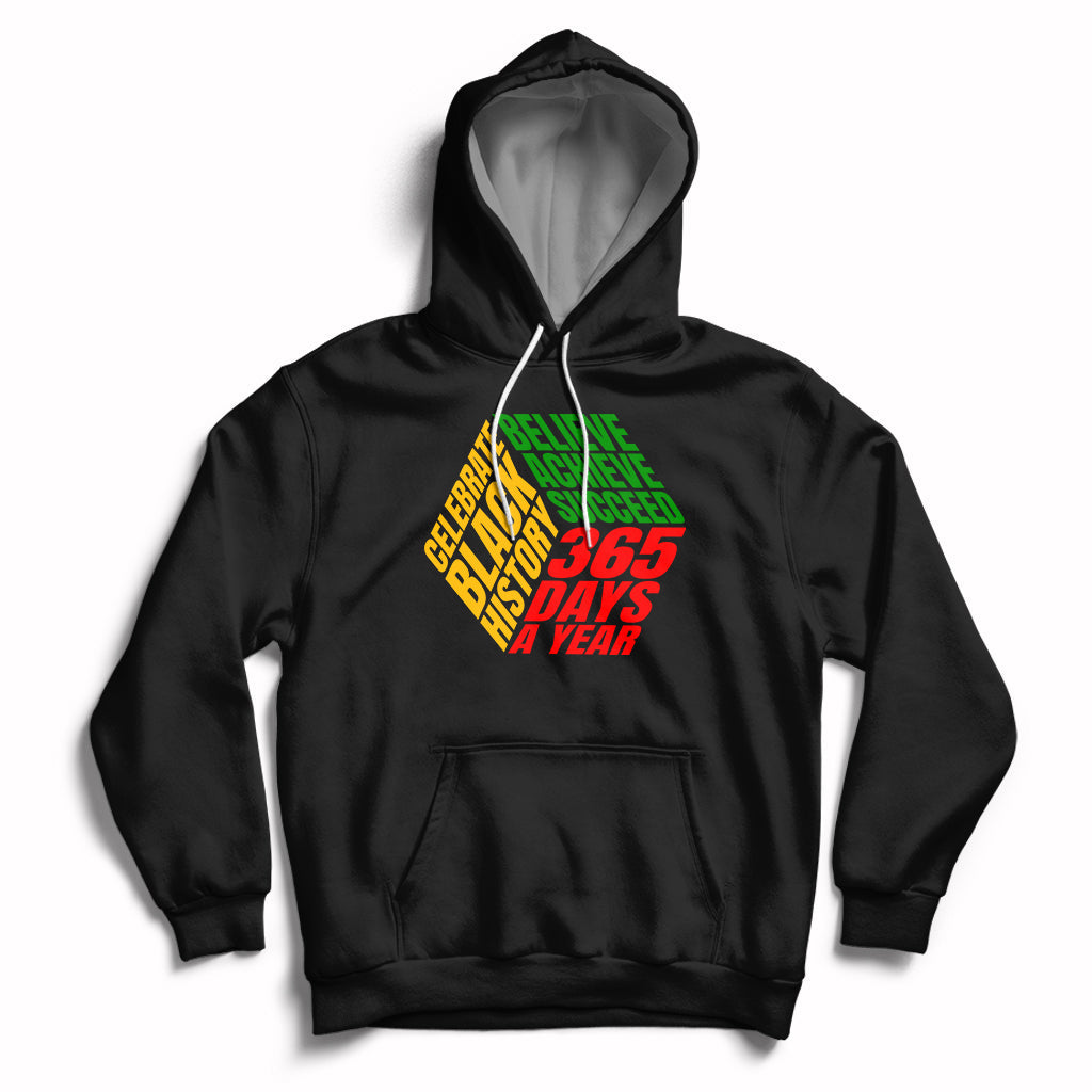 Black pullover hoodie with graphic logo on chest, hood drawstrings, front kangaroo pocket.