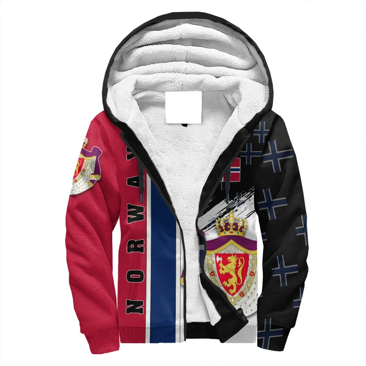 Red sherpa hoodie with Norway flag prints, sherpa-lined hood and zipper front