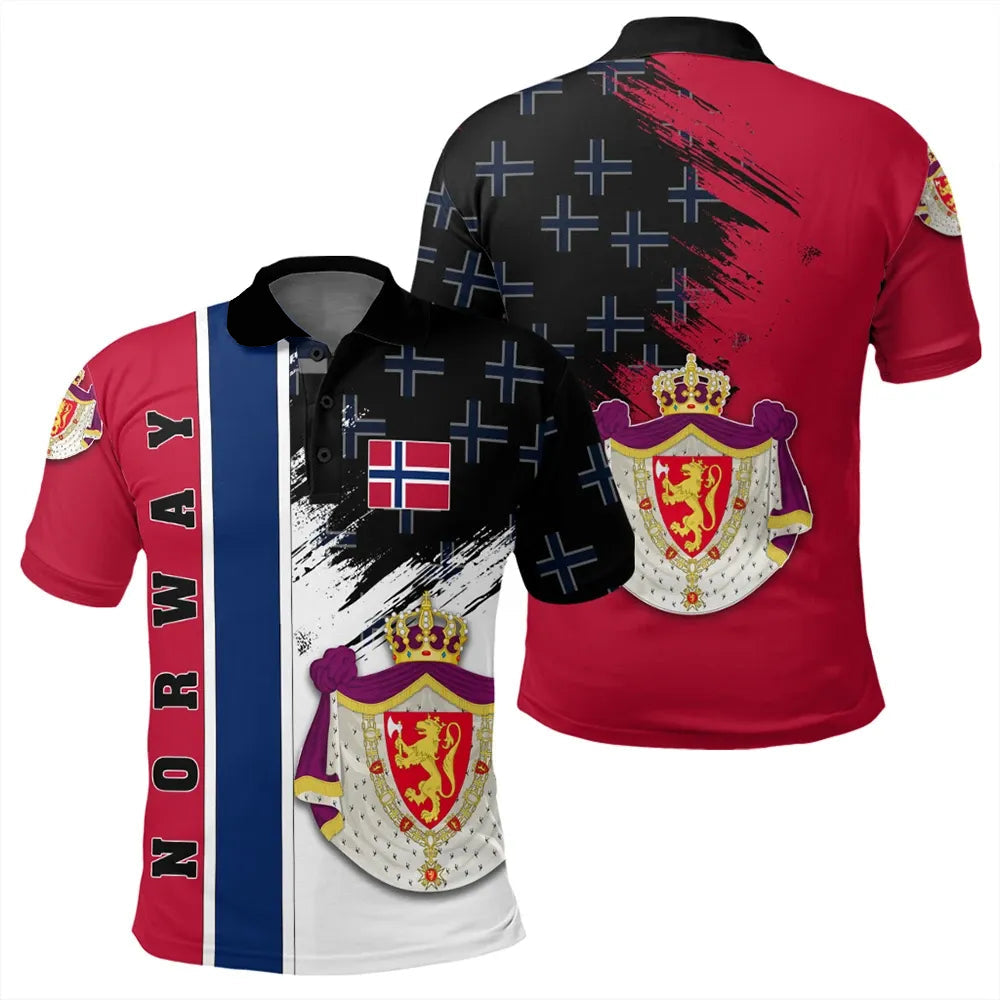 Red polo shirt with Norway crest graphic; front and back views shown