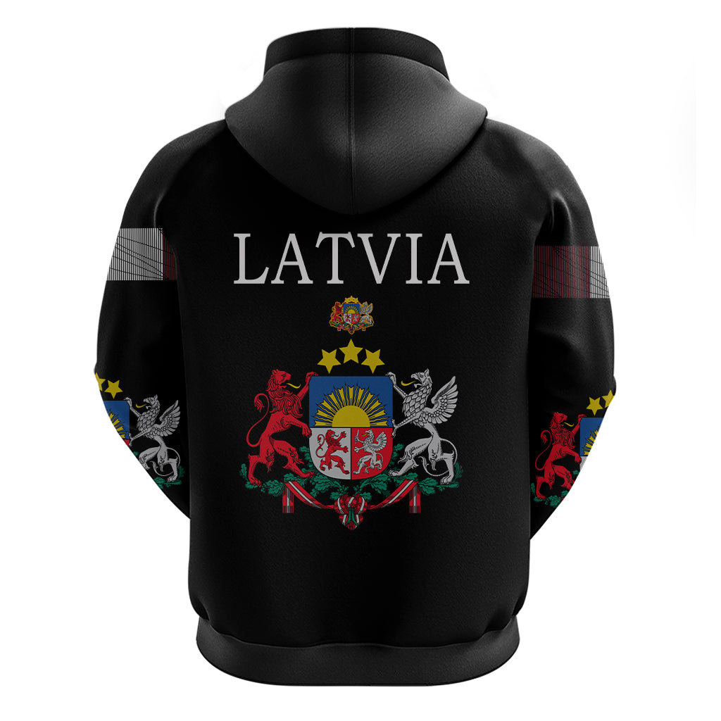 Back of black pullover hoodie with LATVIA text and central crest emblem