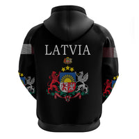 Back of black pullover hoodie with LATVIA text and central crest emblem