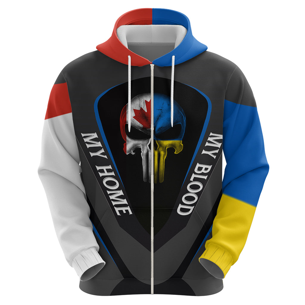 Black zip hoodie with 3D skull graphic and tricolor hood, 'My Home'/'My Blood' text