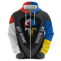 Black zip hoodie with 3D skull graphic and tricolor hood, 'My Home'/'My Blood' text