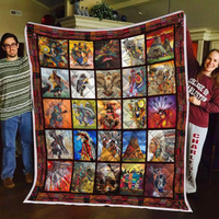 Multicolor all-over printed quilt with Native-inspired figures and framed border