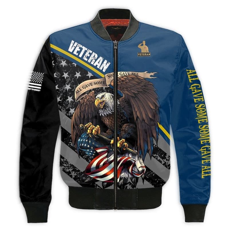 Cyan bomber jacket with black sleeves, bald eagle graphic, stars-and-stripes patch, ribbed cuffs