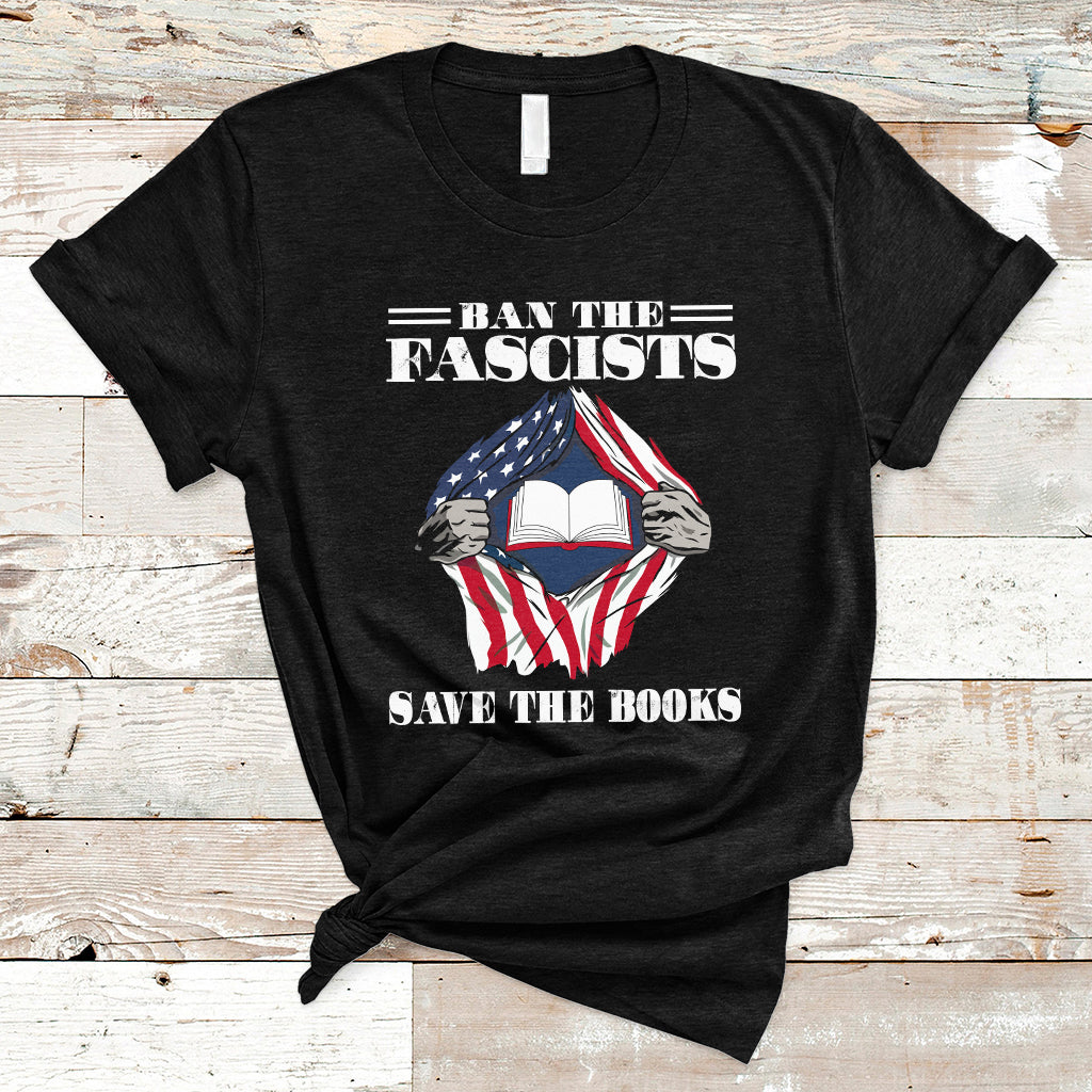 Black crewneck T-shirt with 'Ban the Fascists' and 'Save the Books' flag hand graphic
