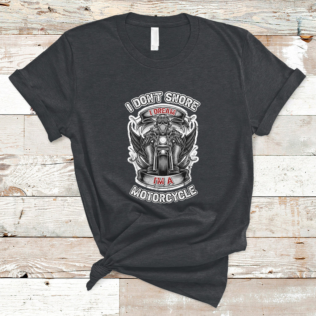 Black crew-neck t-shirt with white motorcycle graphic and rider text design