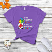 Purple autism support gnome T-shirt with colorful “What makes you different…beautiful” text