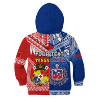 Kids rugby hoodie back with blue hood, red/blue tribal print and 'YOUR TEXT' line