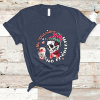 Navy T-shirt with colorful skull and 'No prob' valentines graphic, crew neck.