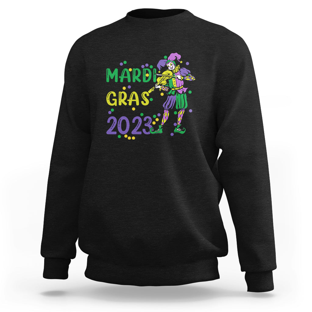 Black Mardi Gras crewneck sweatshirt with colorful 2023 jester graphic on front.