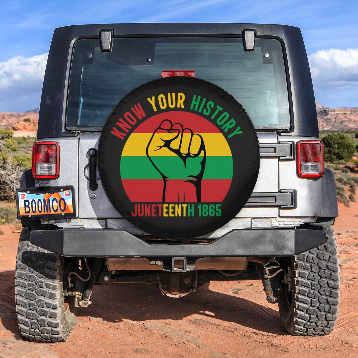 Round spare tire cover with bold Know Your History Juneteenth 1865 graphic, black border