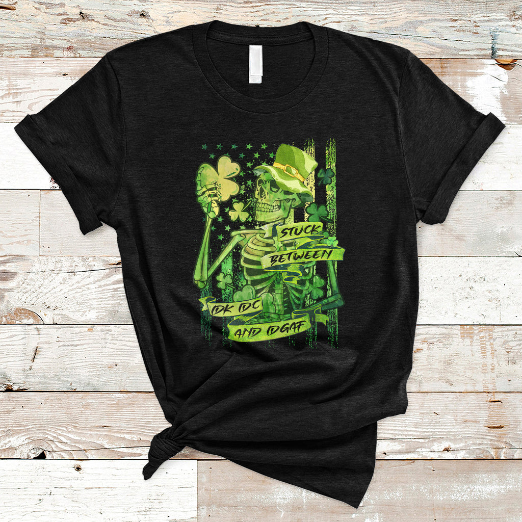 Stuck Between IDK IDC And IDGAF St Patrick's Day Green Flag Skull Skeleton T-Shirt - Wonder Print Shop