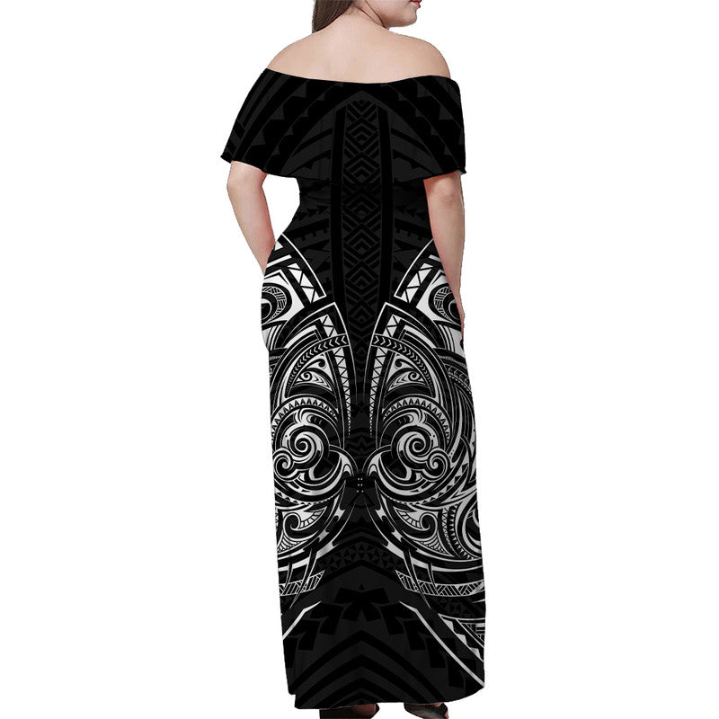 Off-shoulder maxi dress, black with white tribal print, short sleeves, open back