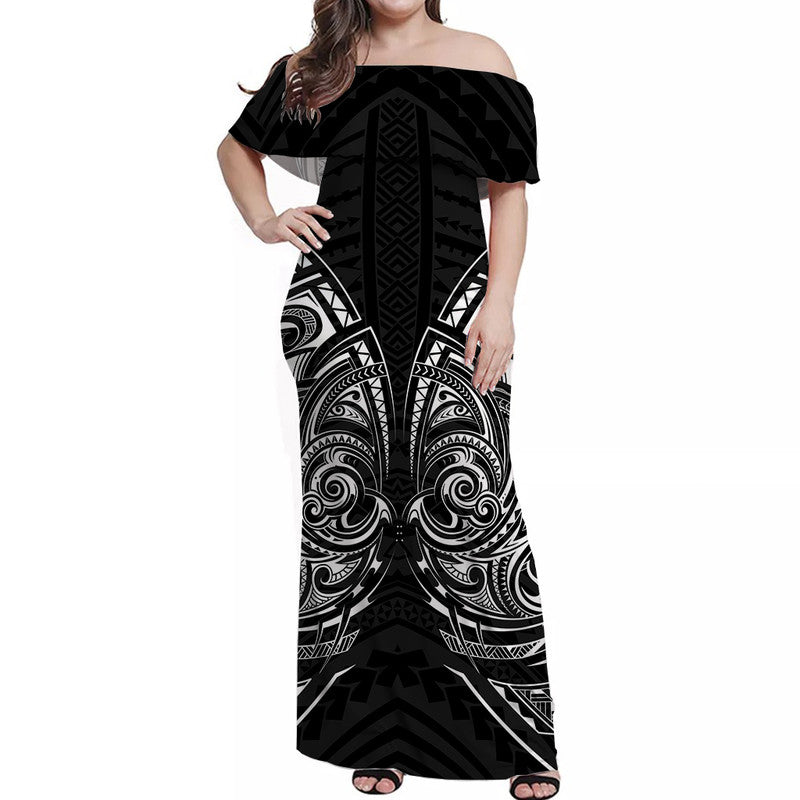 Off-shoulder maxi dress, black with white tribal print, short sleeves, front bow