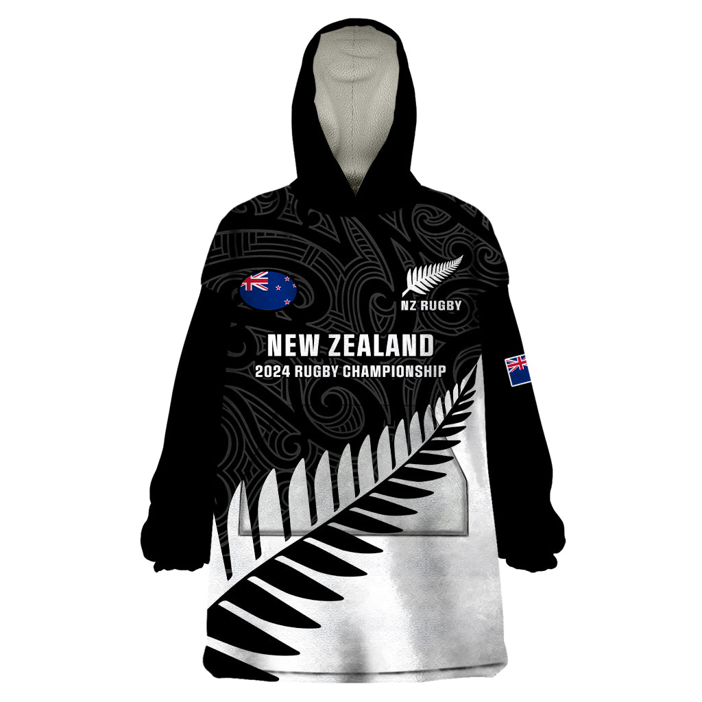 Personalised New Zealand Silver Fern Rugby Wearable Blanket Hoodie All Black 2024 Go Champions Maori Pattern - Wonder Print Shop