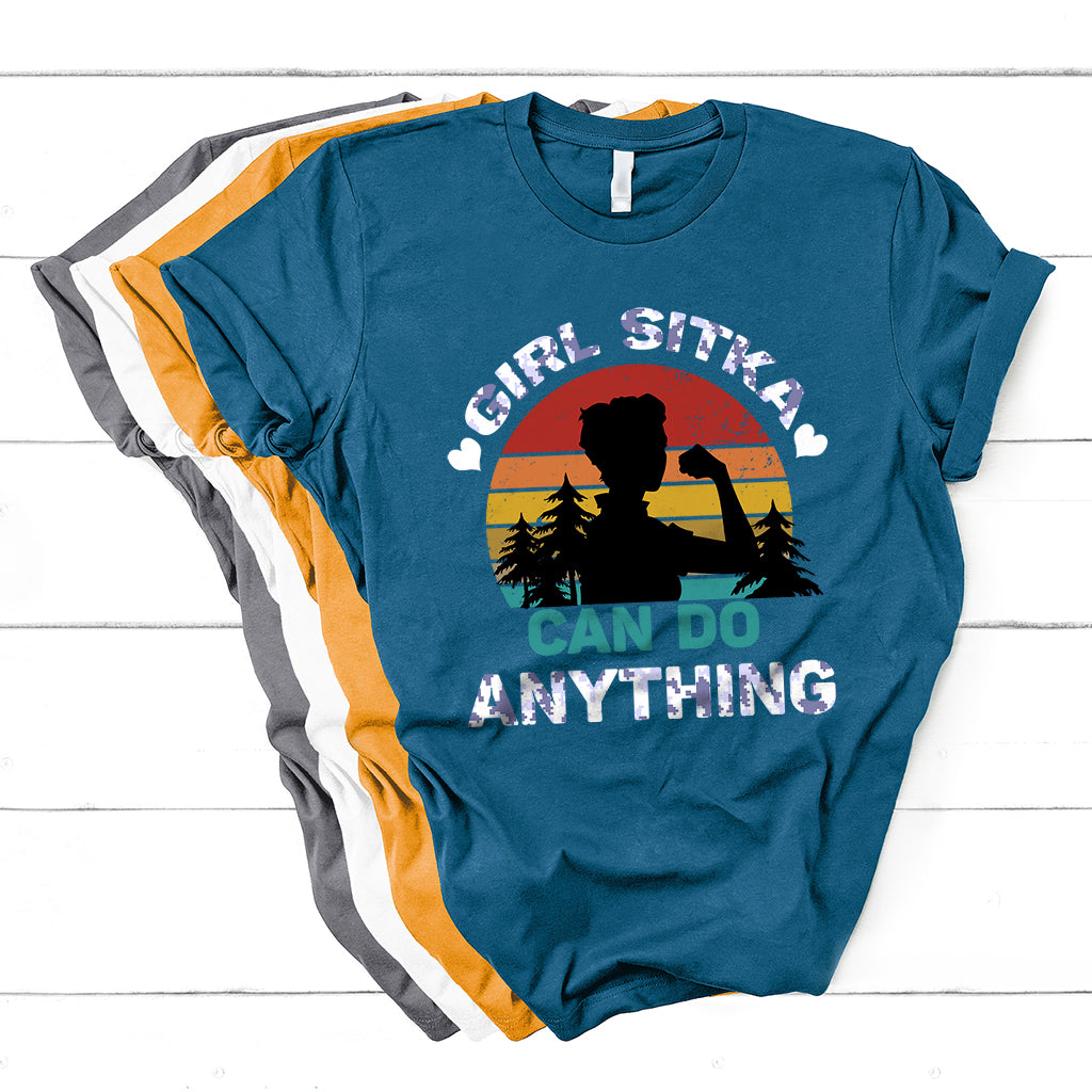 Girls short-sleeve T-shirt, teal blue, front graphic silhouette with “Can do anything” text