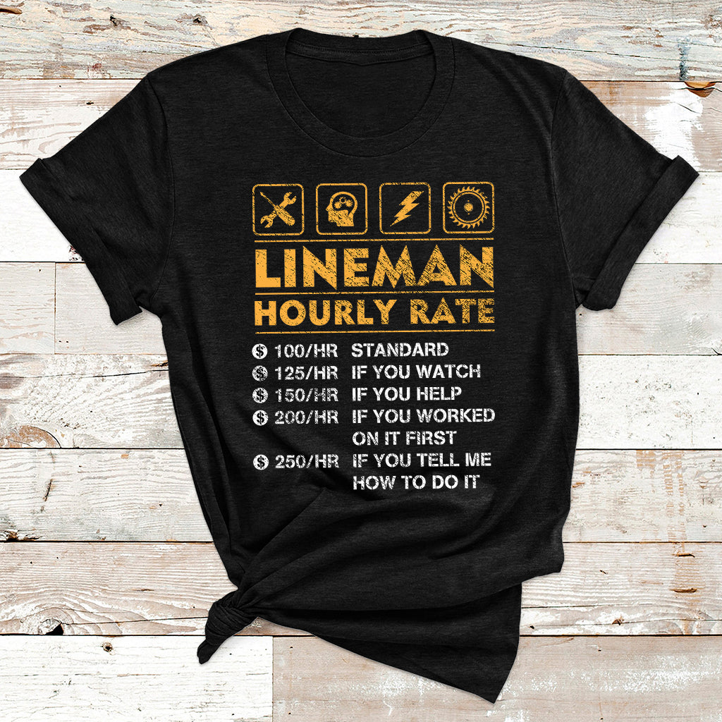 Lineman hourly rate T-shirt in black with gold graphic text and icon row