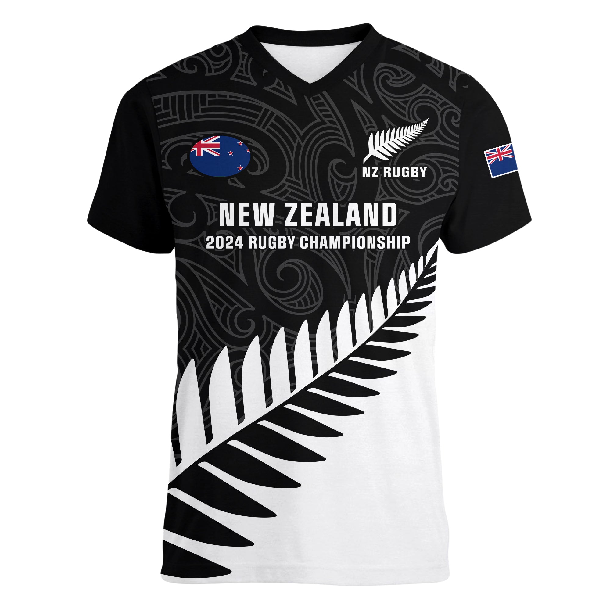 Personalised New Zealand Silver Fern Rugby Women V Neck T Shirt All Black 2024 Go Champions Maori Pattern LT14