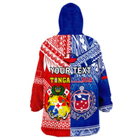 Rugby hoodie blanket with blue hood, red/blue Polynesian back print and "Your text"