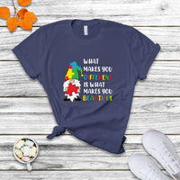 Navy autism support gnome T-shirt with colorful “What makes you different…beautiful” text