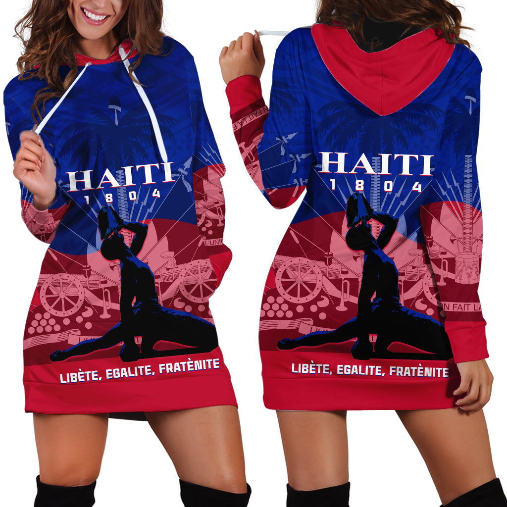 Haiti hoodie dress in blue with red hood and hem, large front graphic