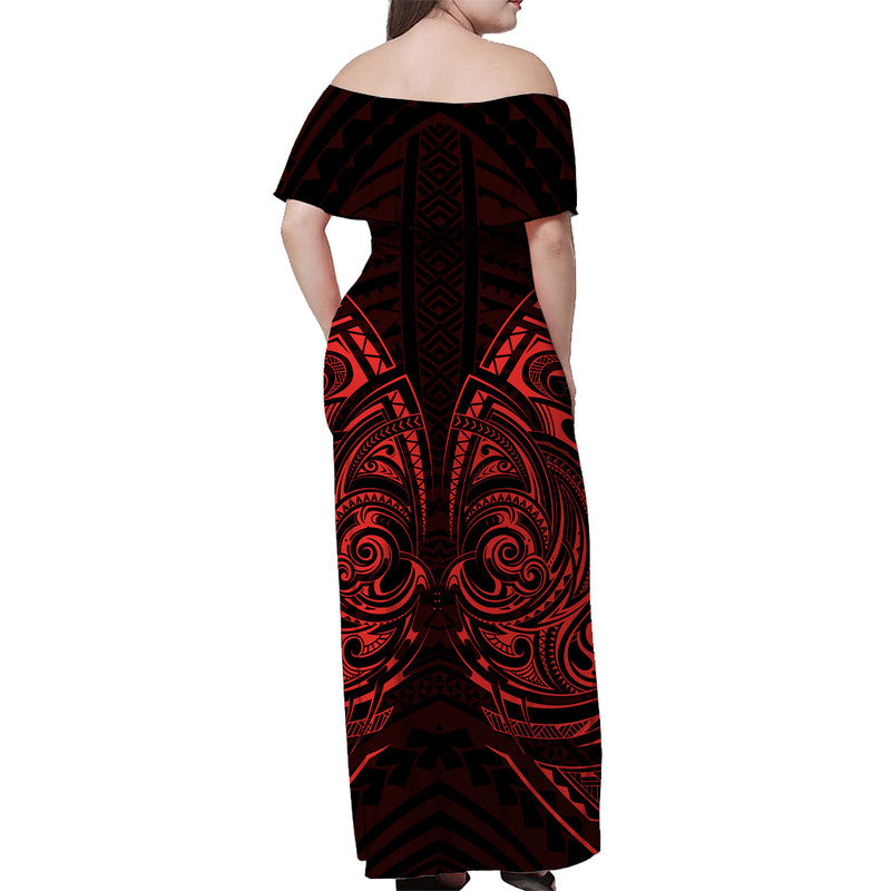 Women’s off-shoulder long dress, red and black tribal print, back view