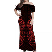 Women’s off-shoulder maxi dress with red tribal pattern on black background