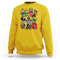 Daisy yellow sweatshirt with 'UNAPOLOGETICALLY BLACK' portrait collage graphic.