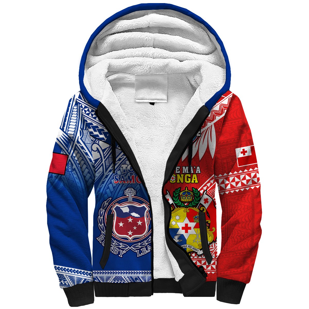 Unisex sherpa hoodie with blue zip, Tonga Samoa rugby patterns, hood up
