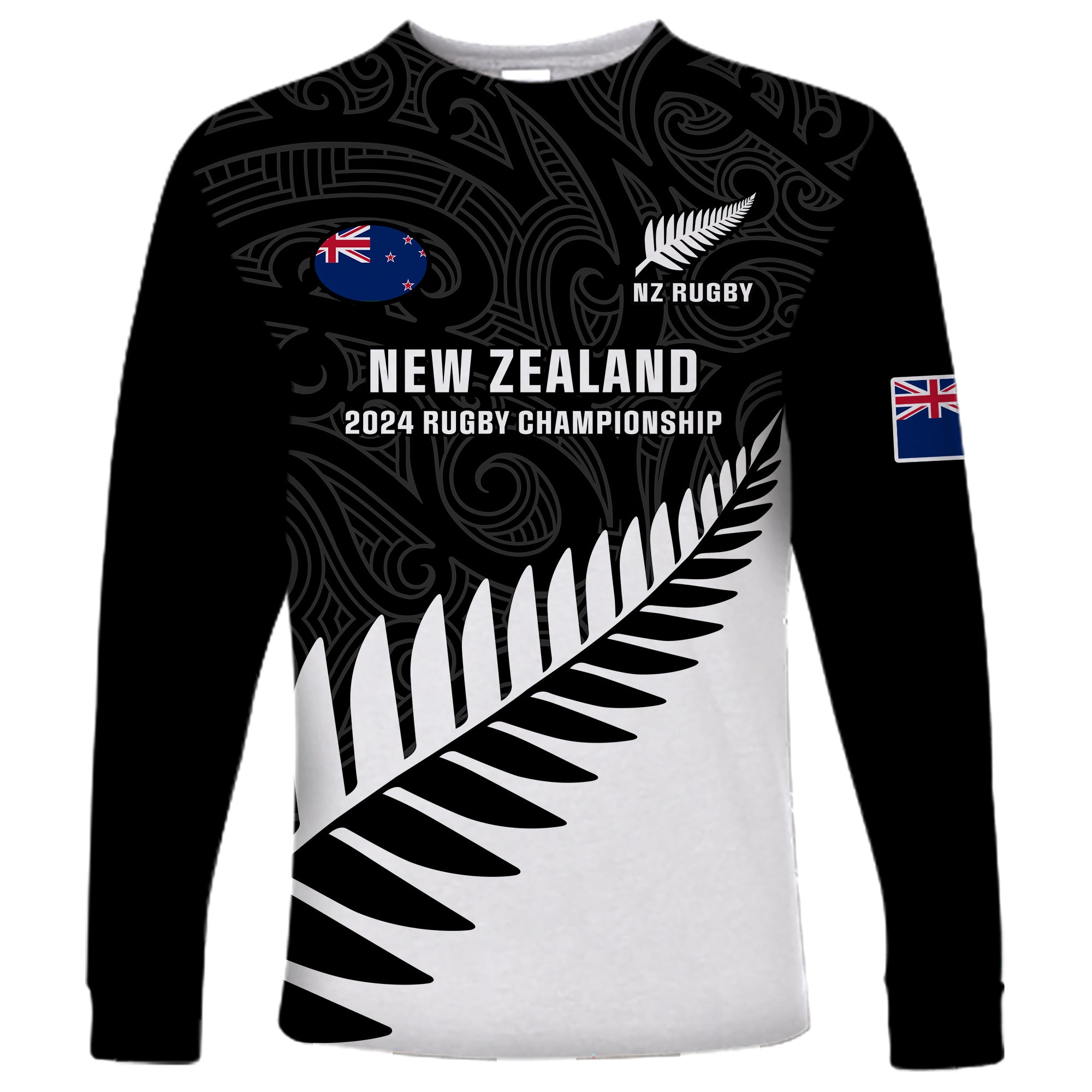 Personalised New Zealand Silver Fern Rugby Long Sleeve Shirt All Black 2024 Go Champions Maori Pattern - Wonder Print Shop