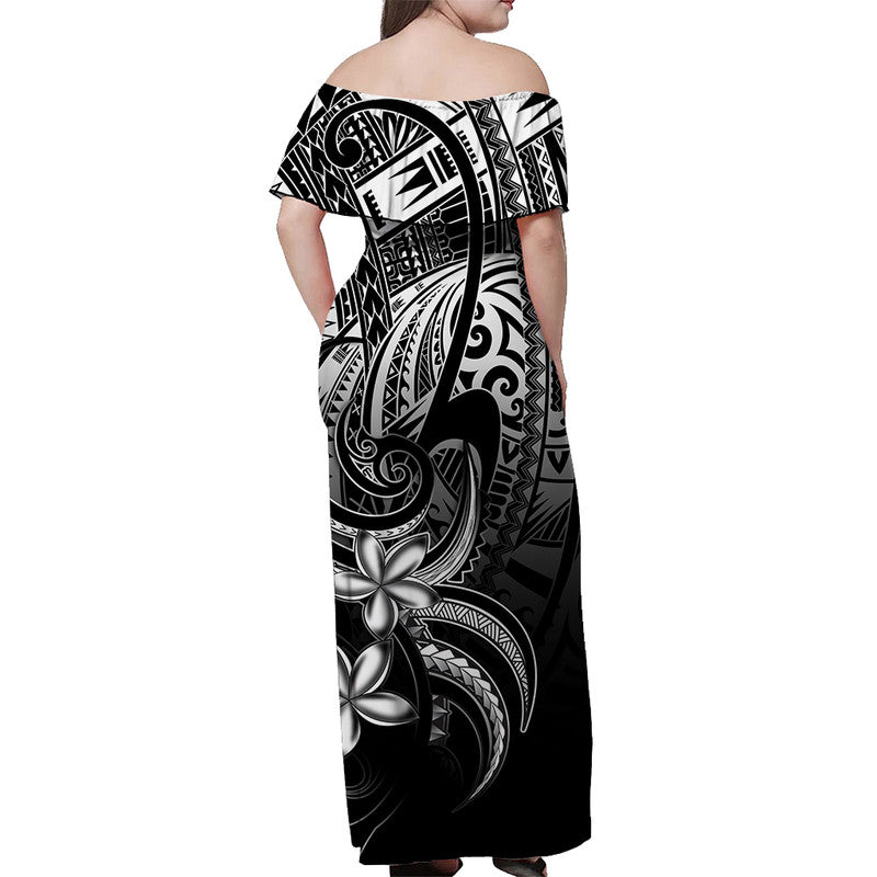 Women’s off-shoulder long dress back view in black with white tribal print, short sleeves