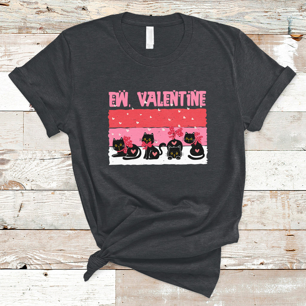 Dark heather T-shirt with 'EW VALENTINE' text and black cat graphic on pink stripes