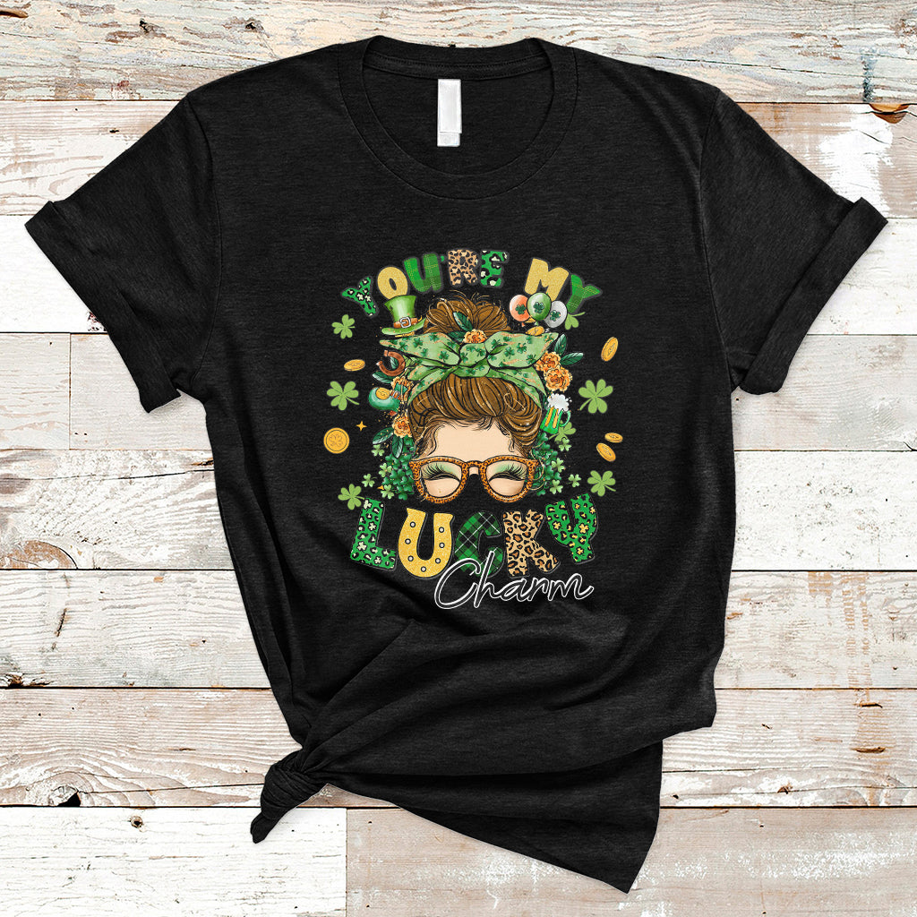 You Are My Lucky Charm St Patrick's Day Shamrock Messy Bun T-Shirt - Wonder Print Shop