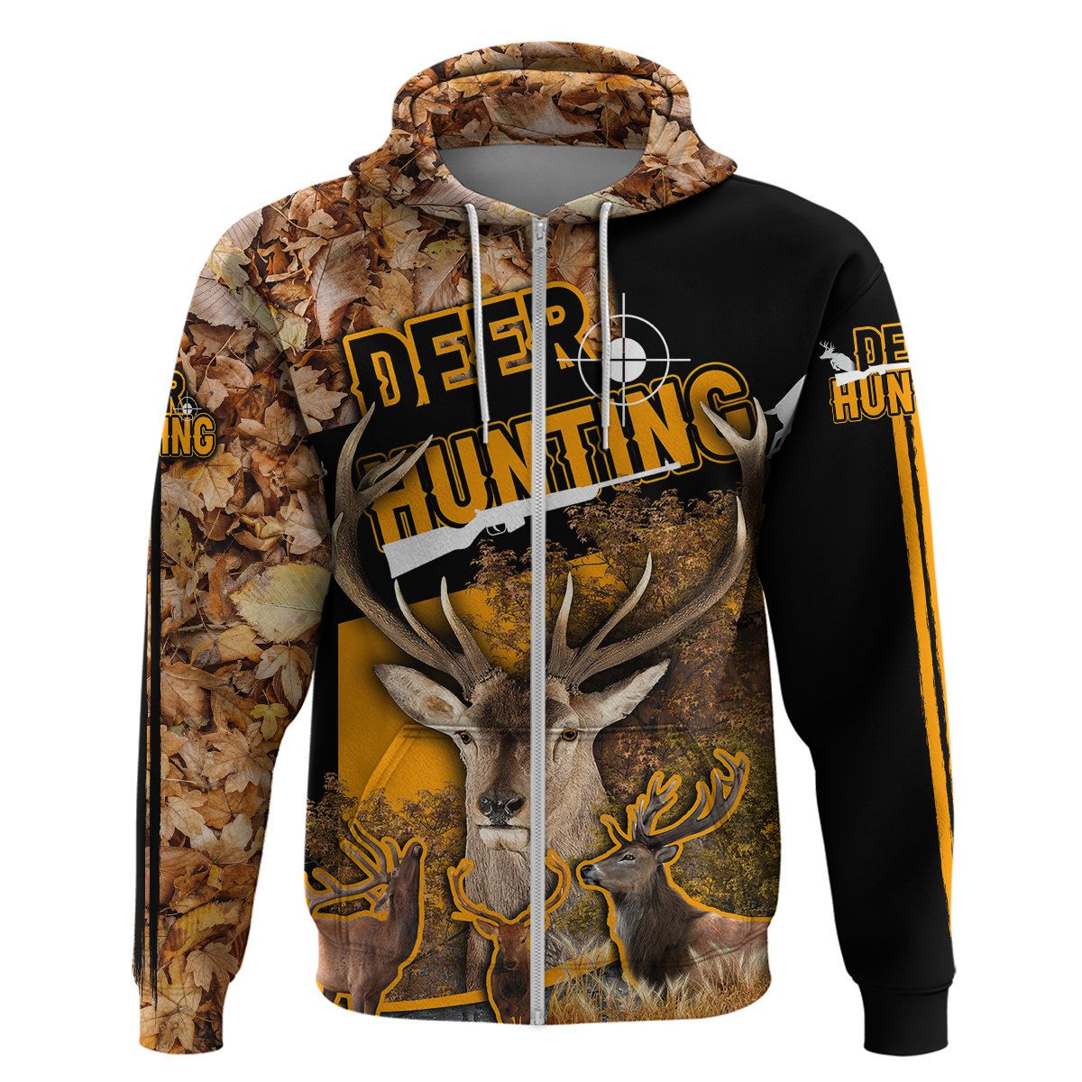 Pullover hoodie front view with leaf-camo hood and deer hunting artwork, black base with yellow details