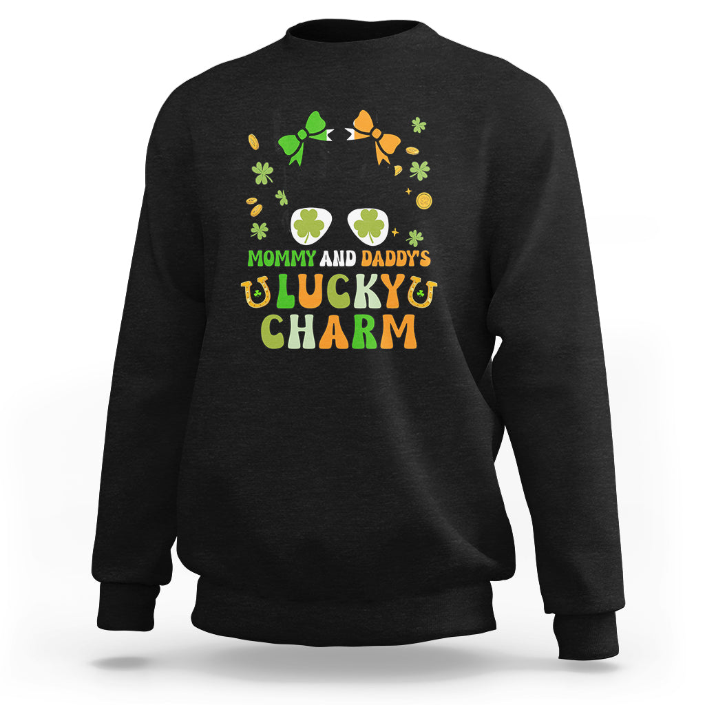 St Patricks Day Mommy And Daddy's Lucky Charm Cute Little Bun Irish Girls Sweatshirt - Wonder Print Shop